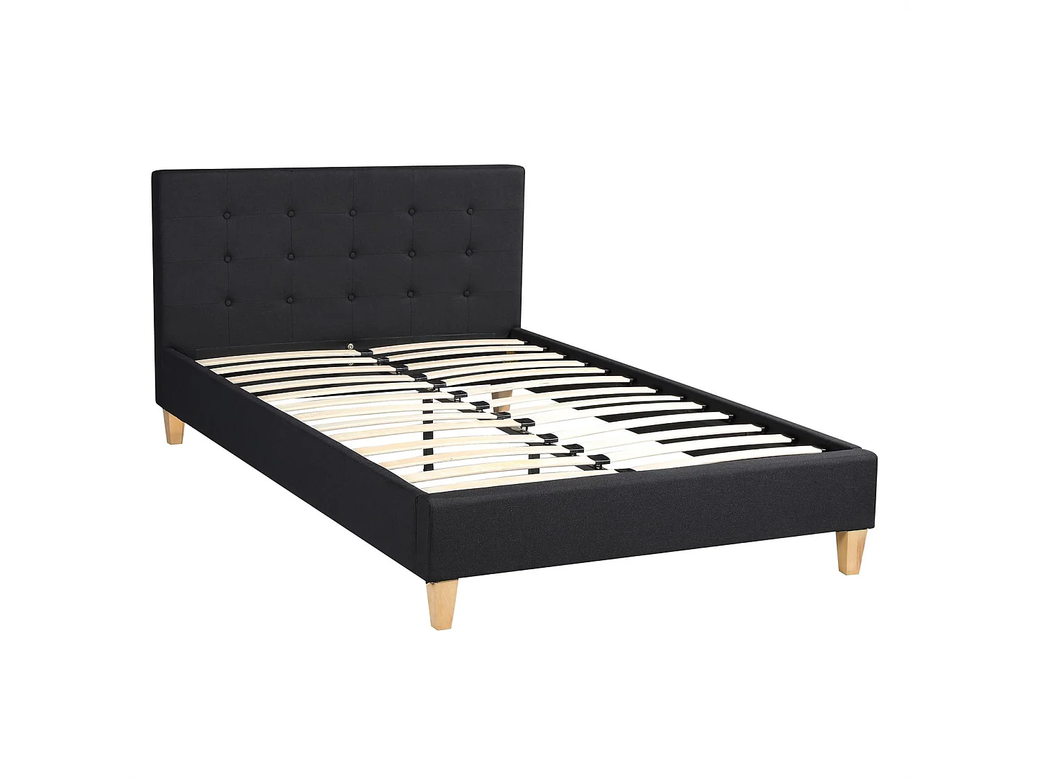 Lit simple pour adulte LILLE 120x190 cm 1 place et demi / 1 personne, avec sommier et pieds en bois, tissu capitonné noir