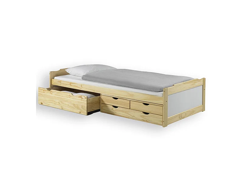 Lit fonctionnel ANDREA avec rangements lit enfant, 90 x 200 cm pin massif vernis naturel et lasuré blanc