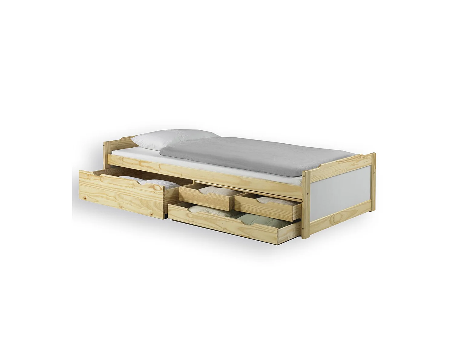 Lit fonctionnel ANDREA avec rangements lit enfant, 90 x 200 cm pin massif vernis naturel et lasuré blanc