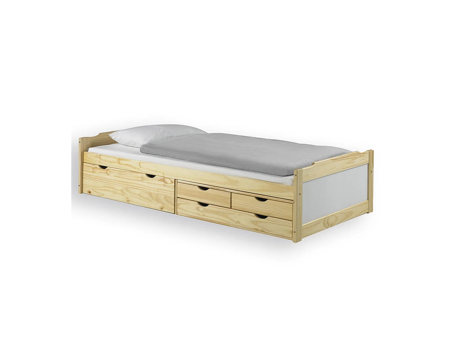 Lit fonctionnel ANDREA avec rangements lit enfant, 90 x 200 cm pin massif vernis naturel et lasuré blanc