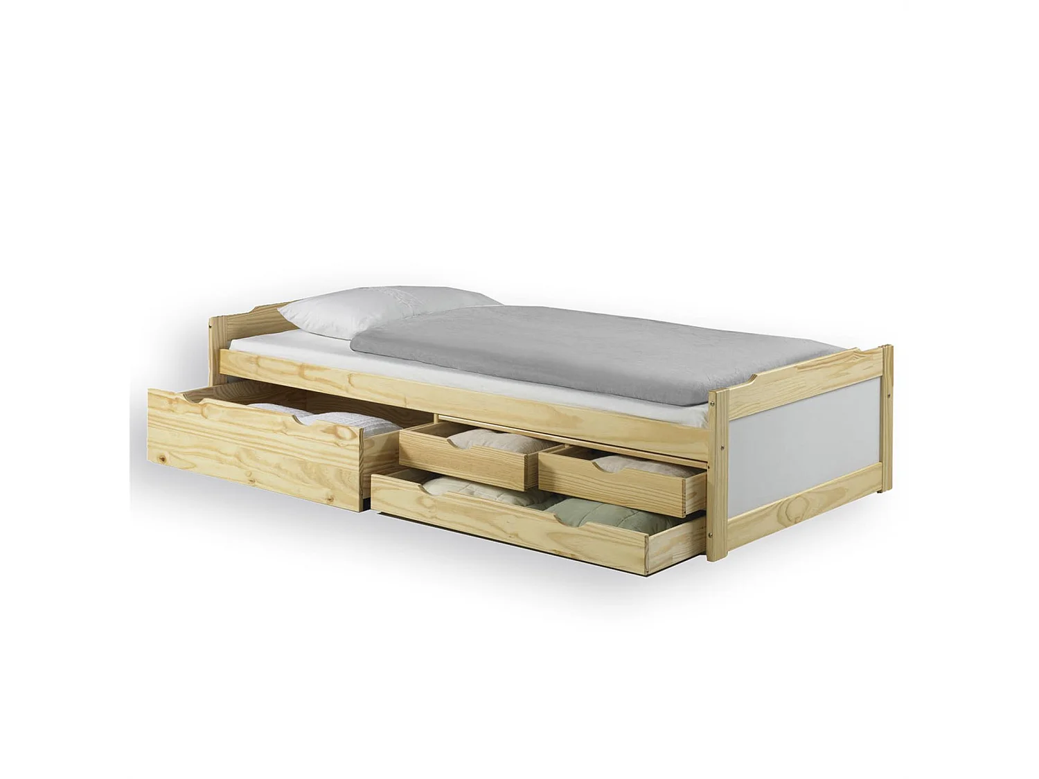 Lit fonctionnel ANDREA avec rangements lit enfant, 90 x 200 cm pin massif vernis naturel et lasuré blanc