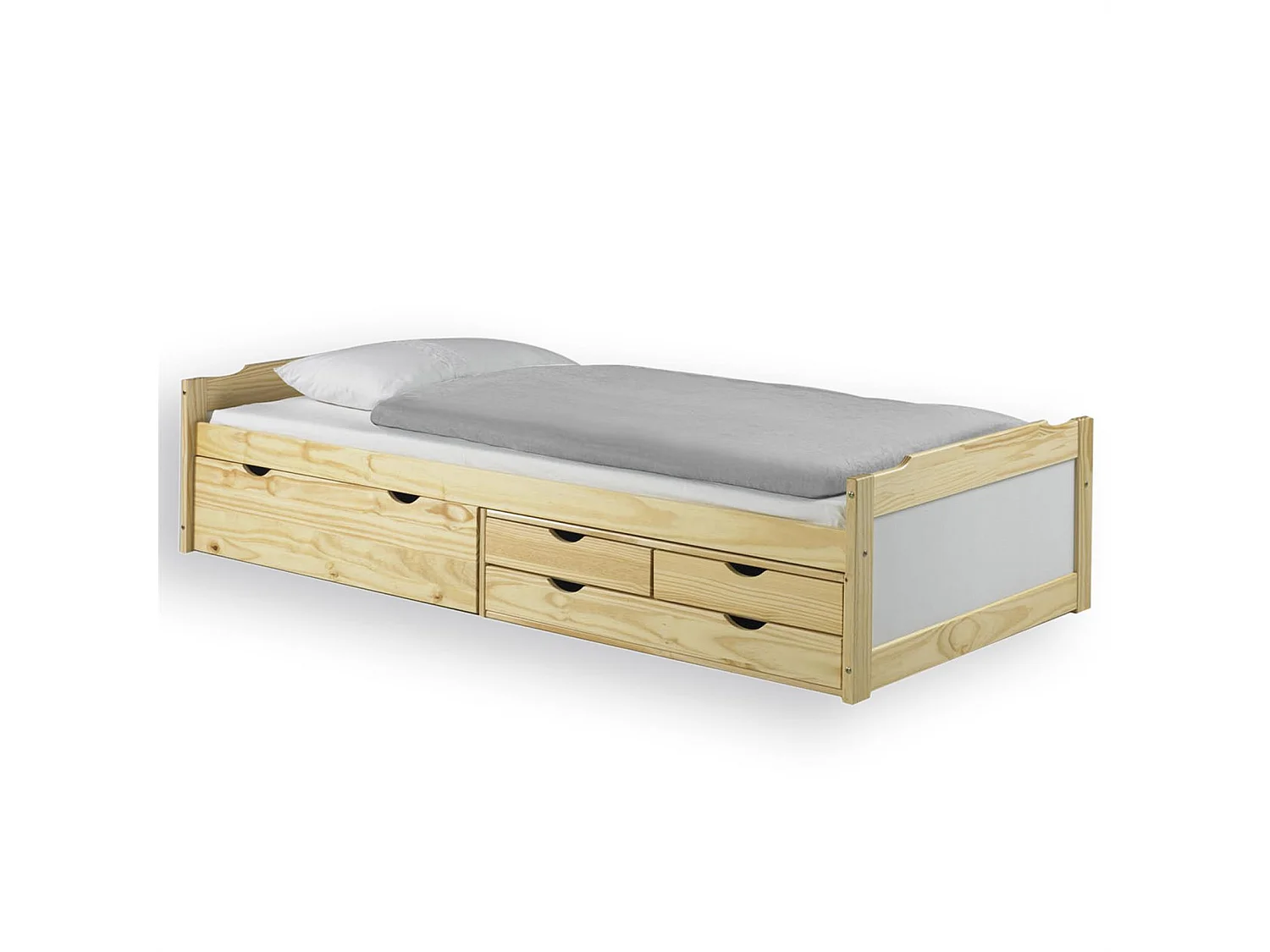 Lit fonctionnel ANDREA avec rangements lit enfant, 90 x 200 cm pin massif vernis naturel et lasuré blanc