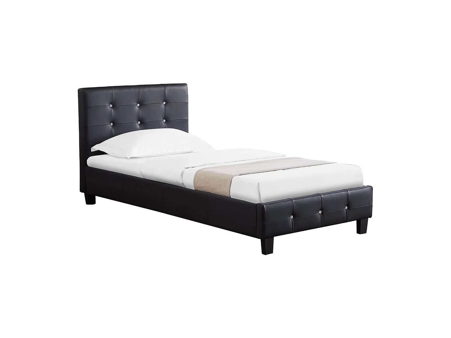 Lit simple pour adulte ou enfant TICO avec sommier 90x190 cm 1 place, tête et pied de lit capitonnés avec strass, synthétique noir