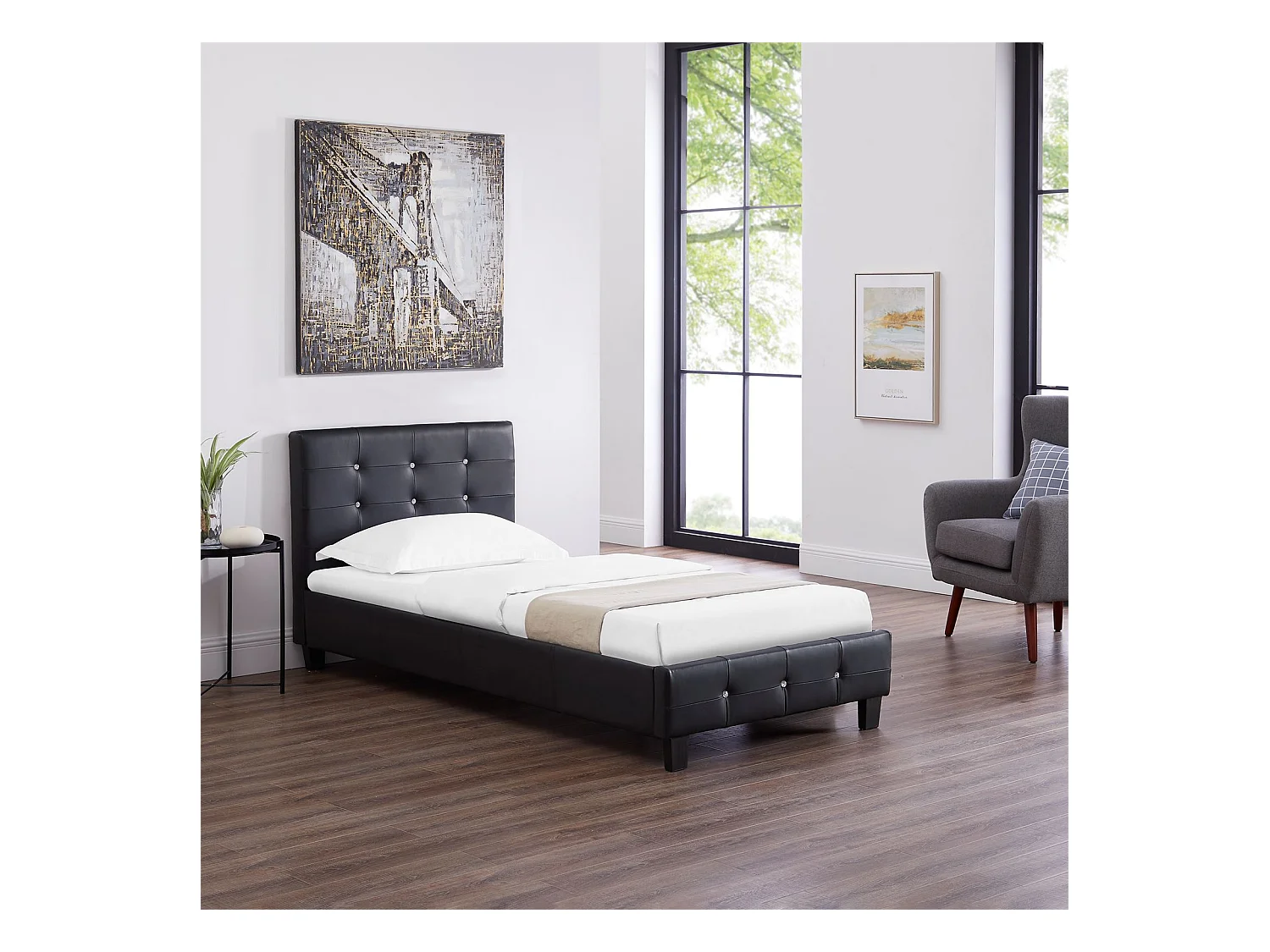 Lit simple pour adulte ou enfant TICO avec sommier 90x190 cm 1 place, tête et pied de lit capitonnés avec strass, synthétique noir