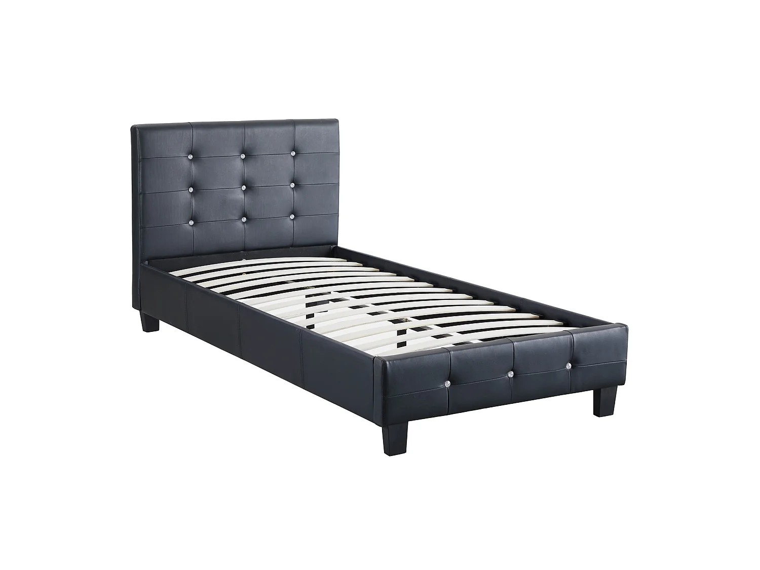 Lit simple pour adulte ou enfant TICO avec sommier 90x190 cm 1 place, tête et pied de lit capitonnés avec strass, synthétique noir