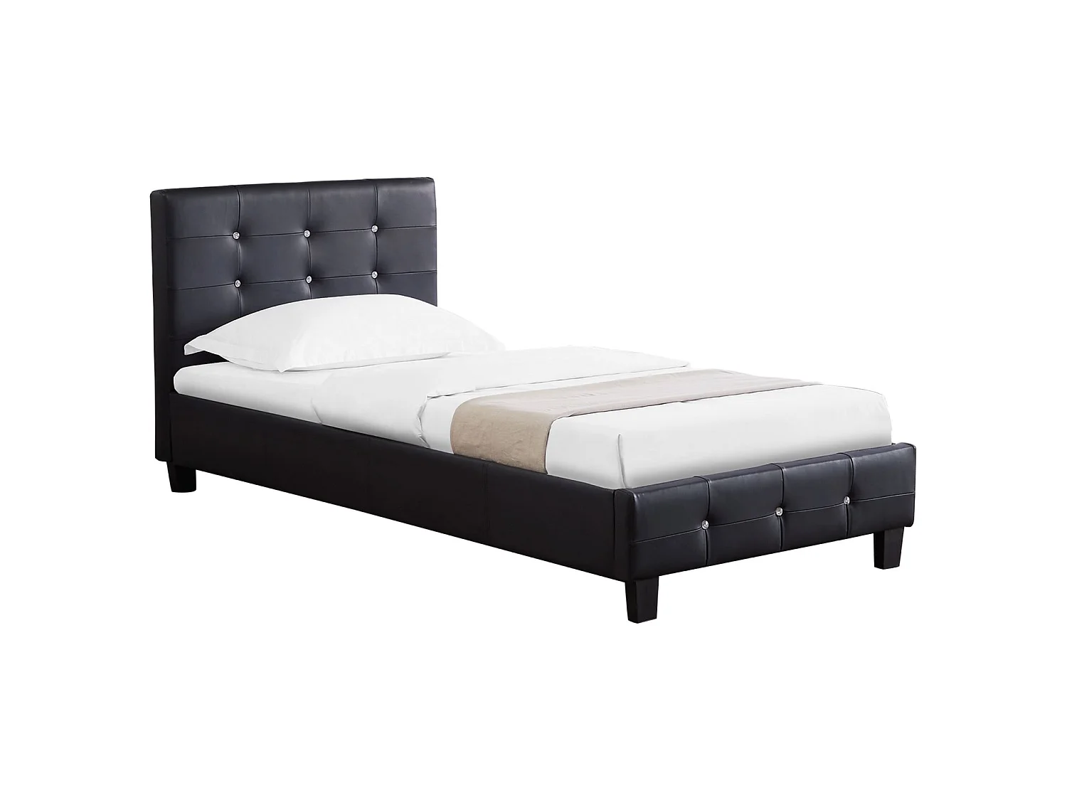 Lit simple pour adulte ou enfant TICO avec sommier 90x190 cm 1 place, tête et pied de lit capitonnés avec strass, synthétique noir