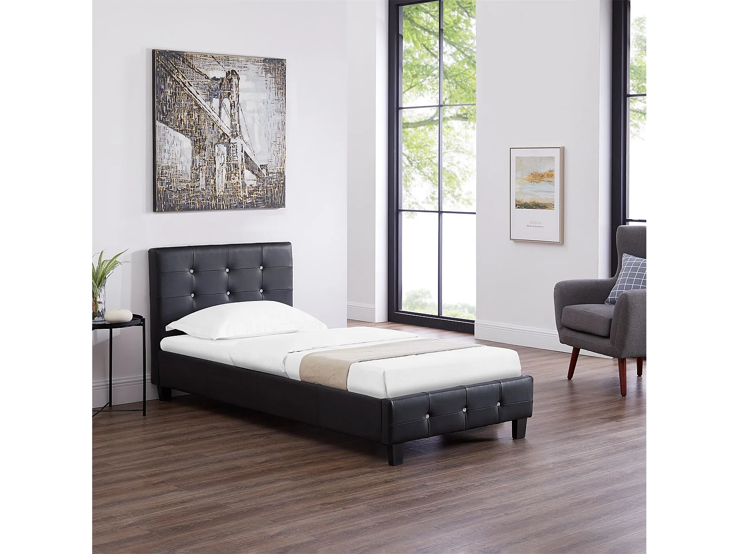 Lit simple pour adulte ou enfant TICO avec sommier 90x190 cm 1 place, tête et pied de lit capitonnés avec strass, synthétique noir