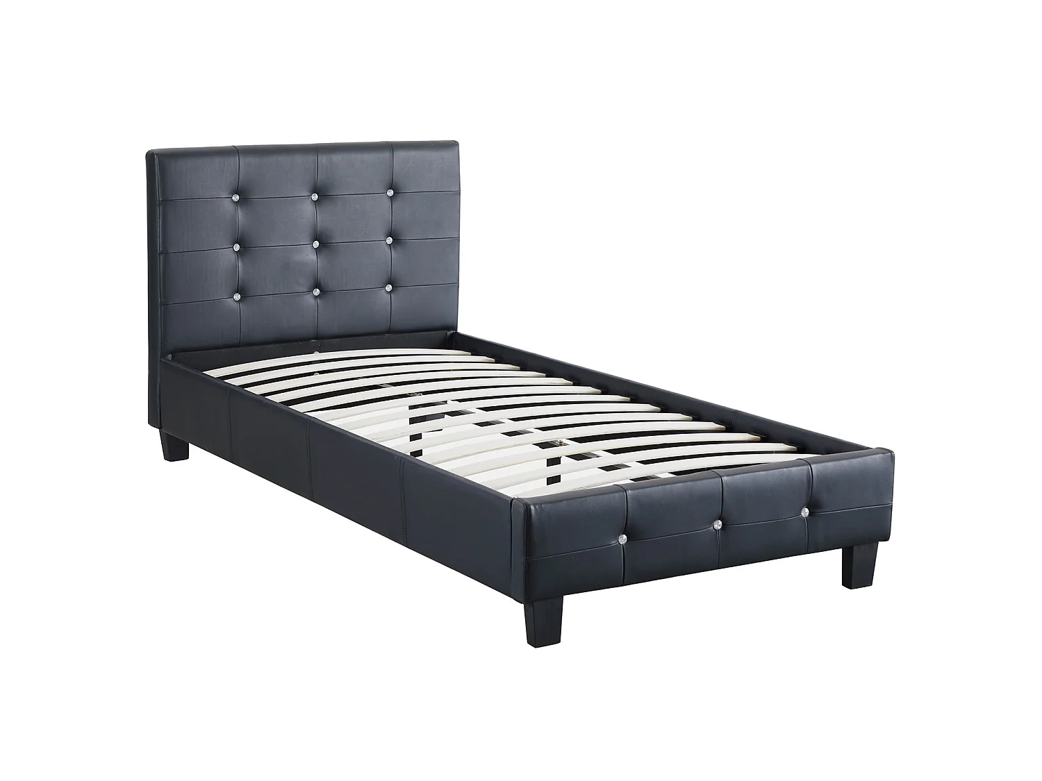 Lit simple pour adulte ou enfant TICO avec sommier 90x190 cm 1 place, tête et pied de lit capitonnés avec strass, synthétique noir
