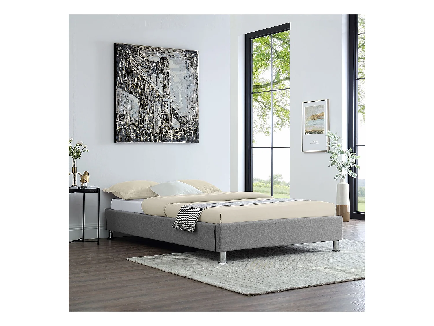 Lit futon simple pour adulte NIZZA 120x190 cm 1 place et demi / 1 personne, avec sommier et pieds en métal chromé, tissu gris