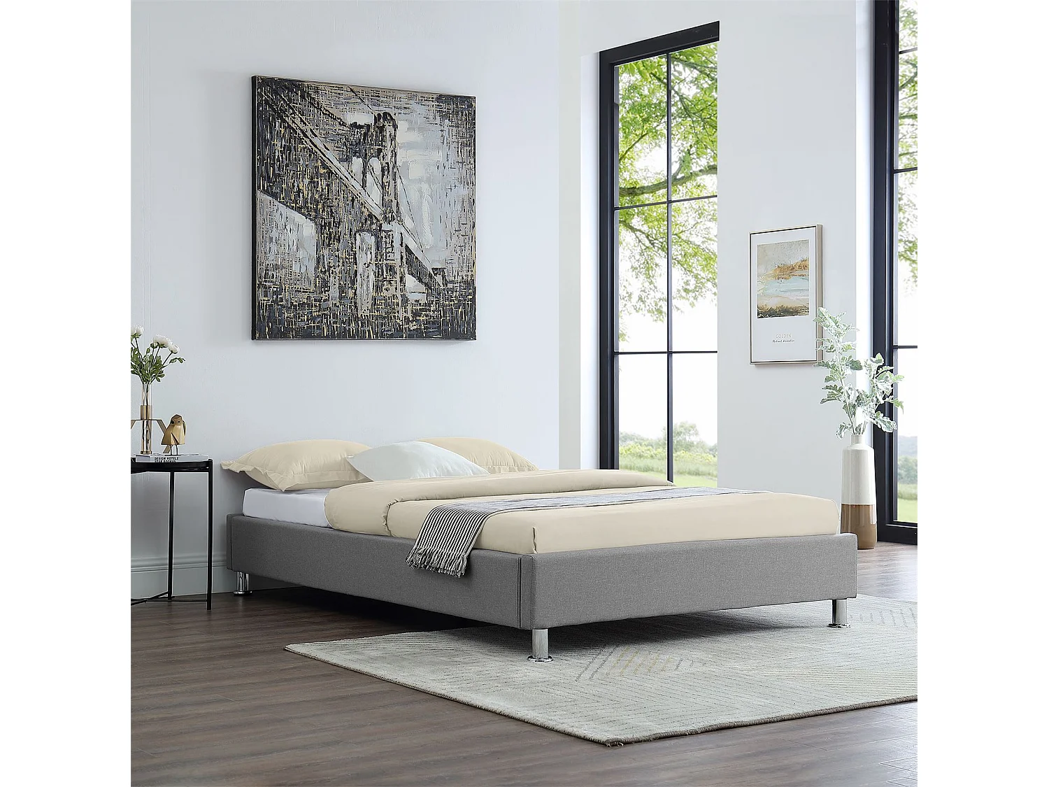 Lit futon simple pour adulte NIZZA 120x190 cm 1 place et demi / 1 personne, avec sommier et pieds en métal chromé, tissu gris