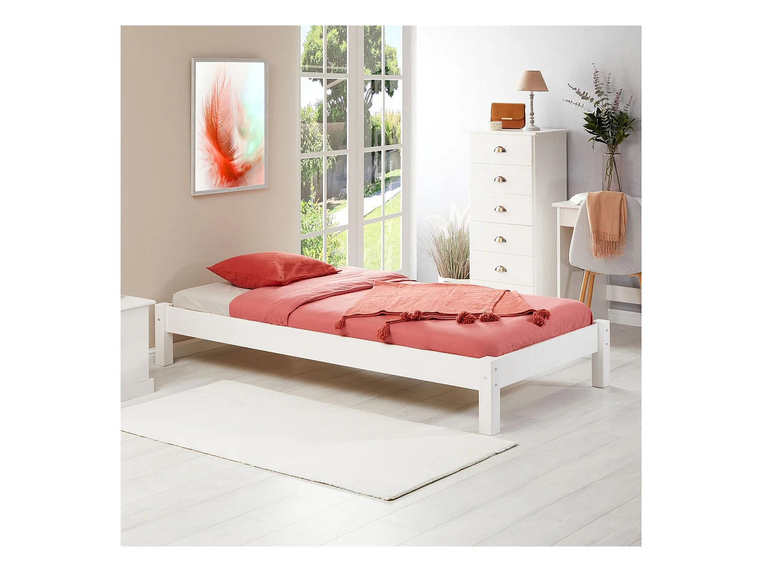 Lit futon TAIFUN lit simple pour adulte et enfant 90 x 190 cm, en pin massif lasuré blanc
