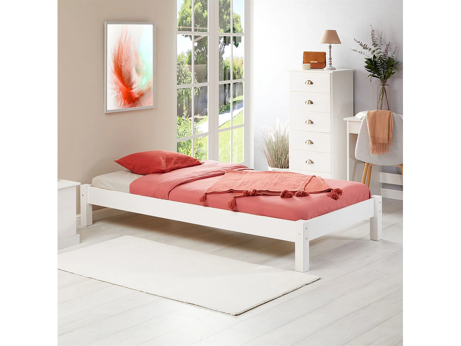 Lit futon TAIFUN lit simple pour adulte et enfant 90 x 190 cm, en pin massif lasuré blanc