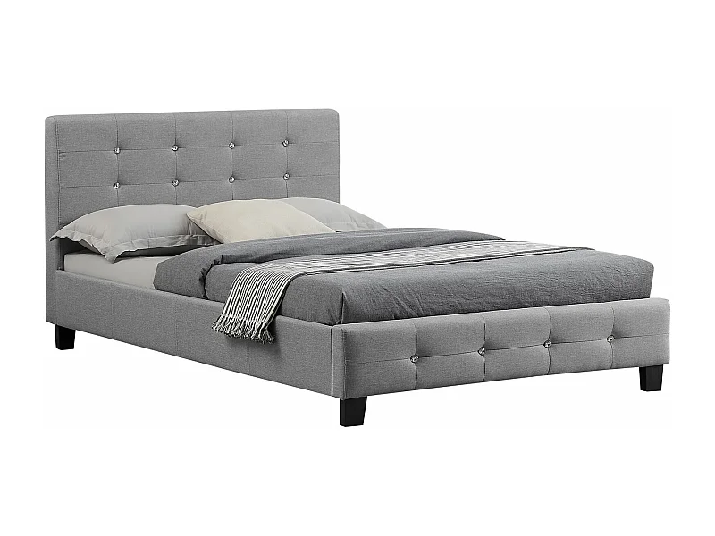 Lit simple pour adulte JOLIEN avec sommier 120x190 cm 1 place et demi, tête et pied de lit capitonnés avec strass, en tissu gris