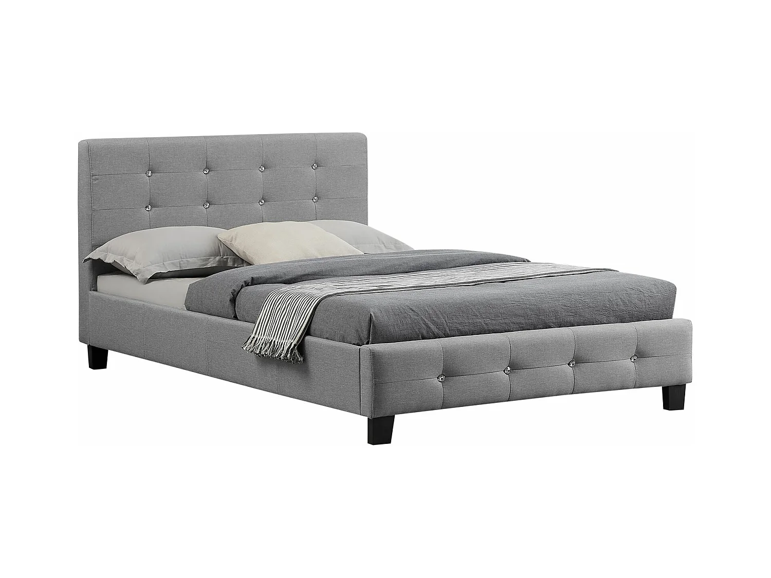 Lit simple pour adulte JOLIEN avec sommier 120x190 cm 1 place et demi, tête et pied de lit capitonnés avec strass, en tissu gris
