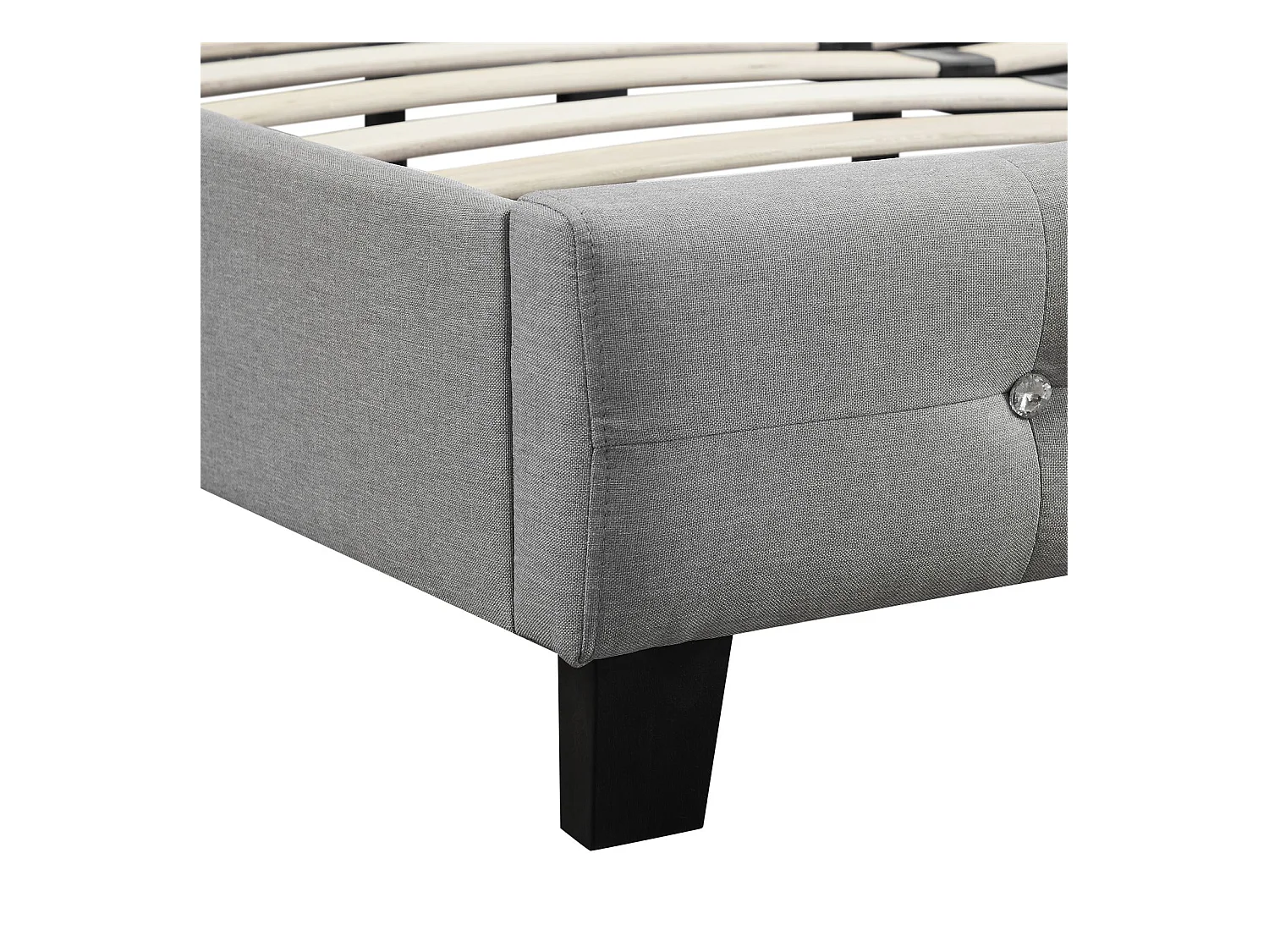 Lit simple pour adulte JOLIEN avec sommier 120x190 cm 1 place et demi, tête et pied de lit capitonnés avec strass, en tissu gris