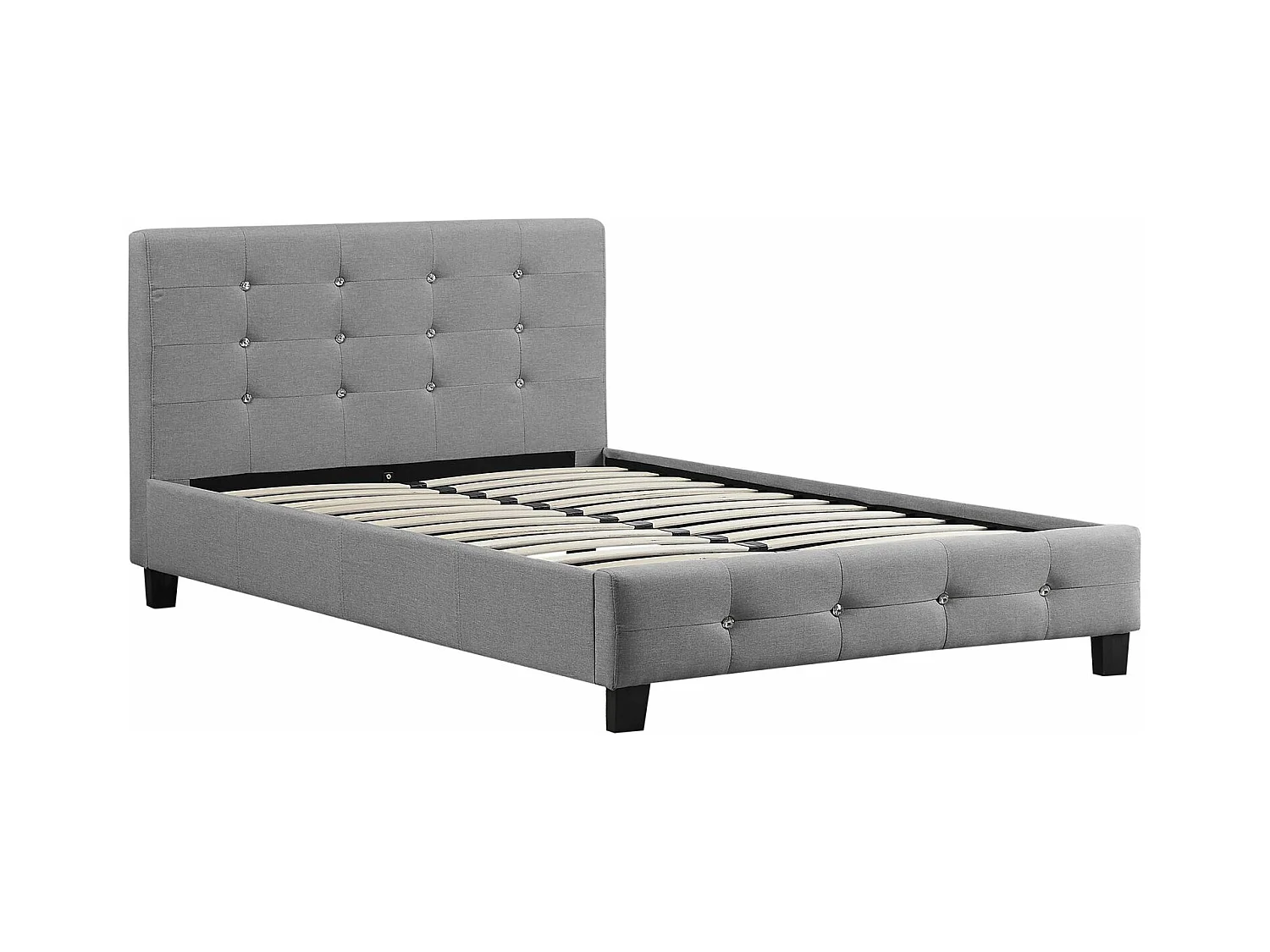 Lit simple pour adulte JOLIEN avec sommier 120x190 cm 1 place et demi, tête et pied de lit capitonnés avec strass, en tissu gris