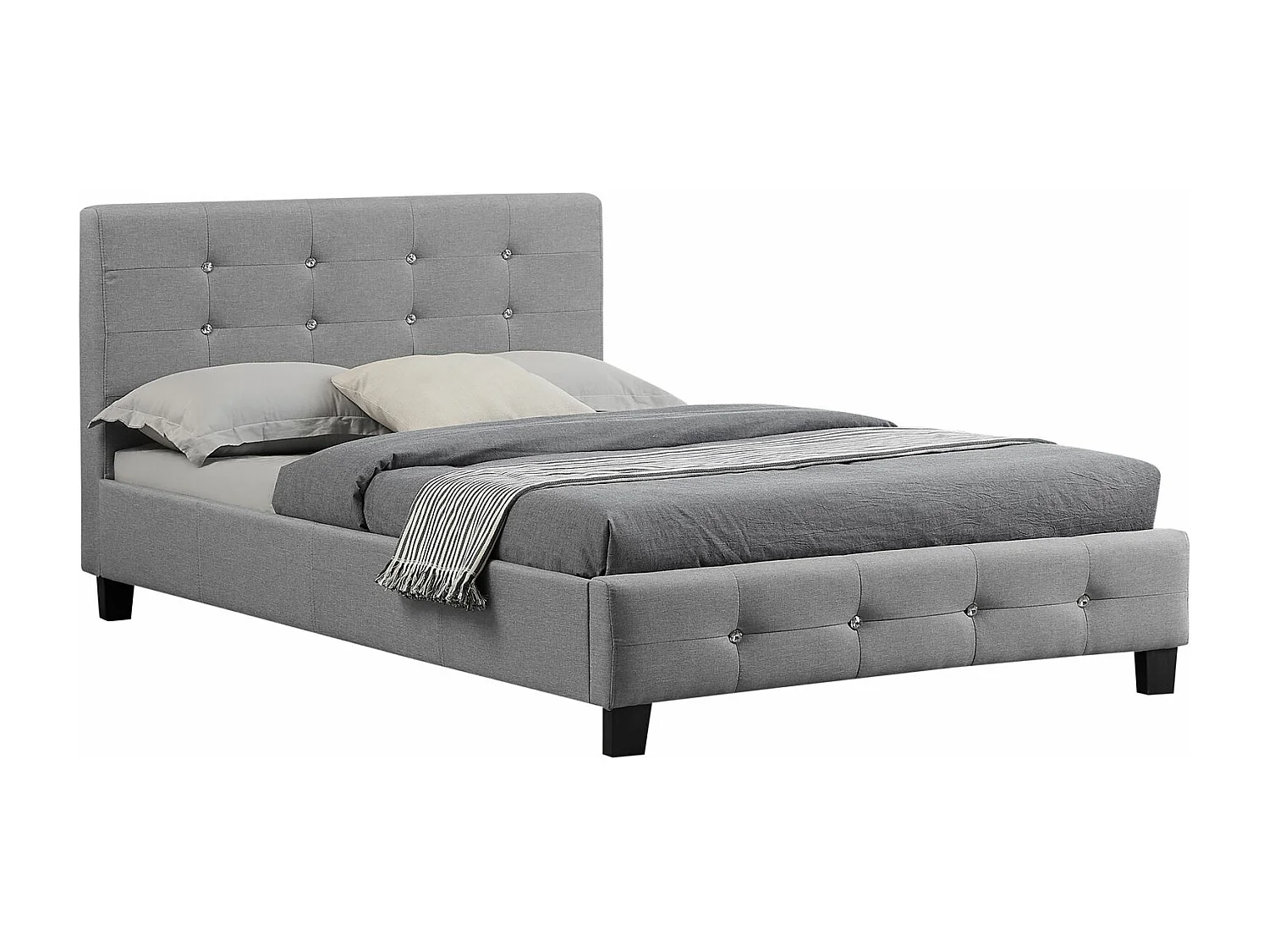 Lit simple pour adulte JOLIEN avec sommier 120x190 cm 1 place et demi, tête et pied de lit capitonnés avec strass, en tissu gris