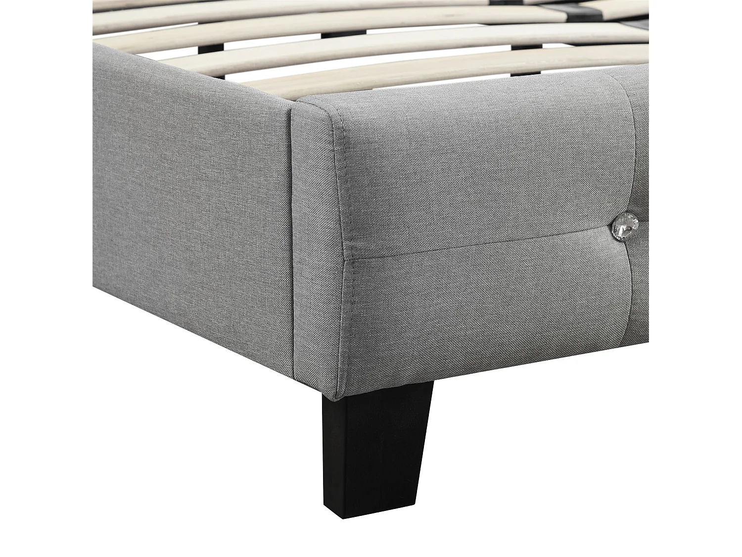 Lit simple pour adulte JOLIEN avec sommier 120x190 cm 1 place et demi, tête et pied de lit capitonnés avec strass, en tissu gris