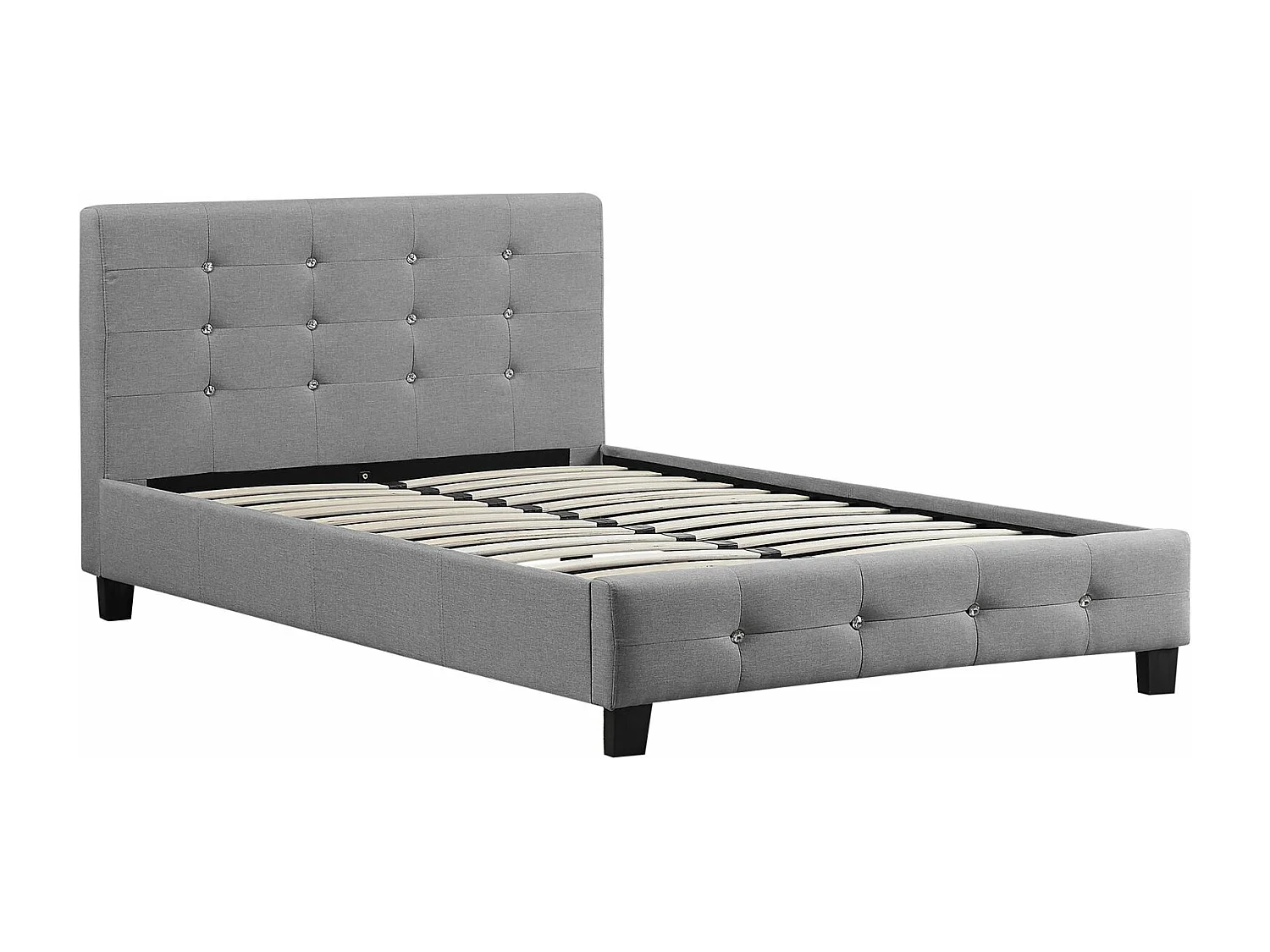 Lit simple pour adulte JOLIEN avec sommier 120x190 cm 1 place et demi, tête et pied de lit capitonnés avec strass, en tissu gris