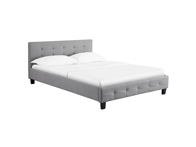 Lit double pour adulte MATHIEU avec sommier 140x190 cm 2 places / 2 personnes, tête et pied de lit capitonnés, en tissu gris