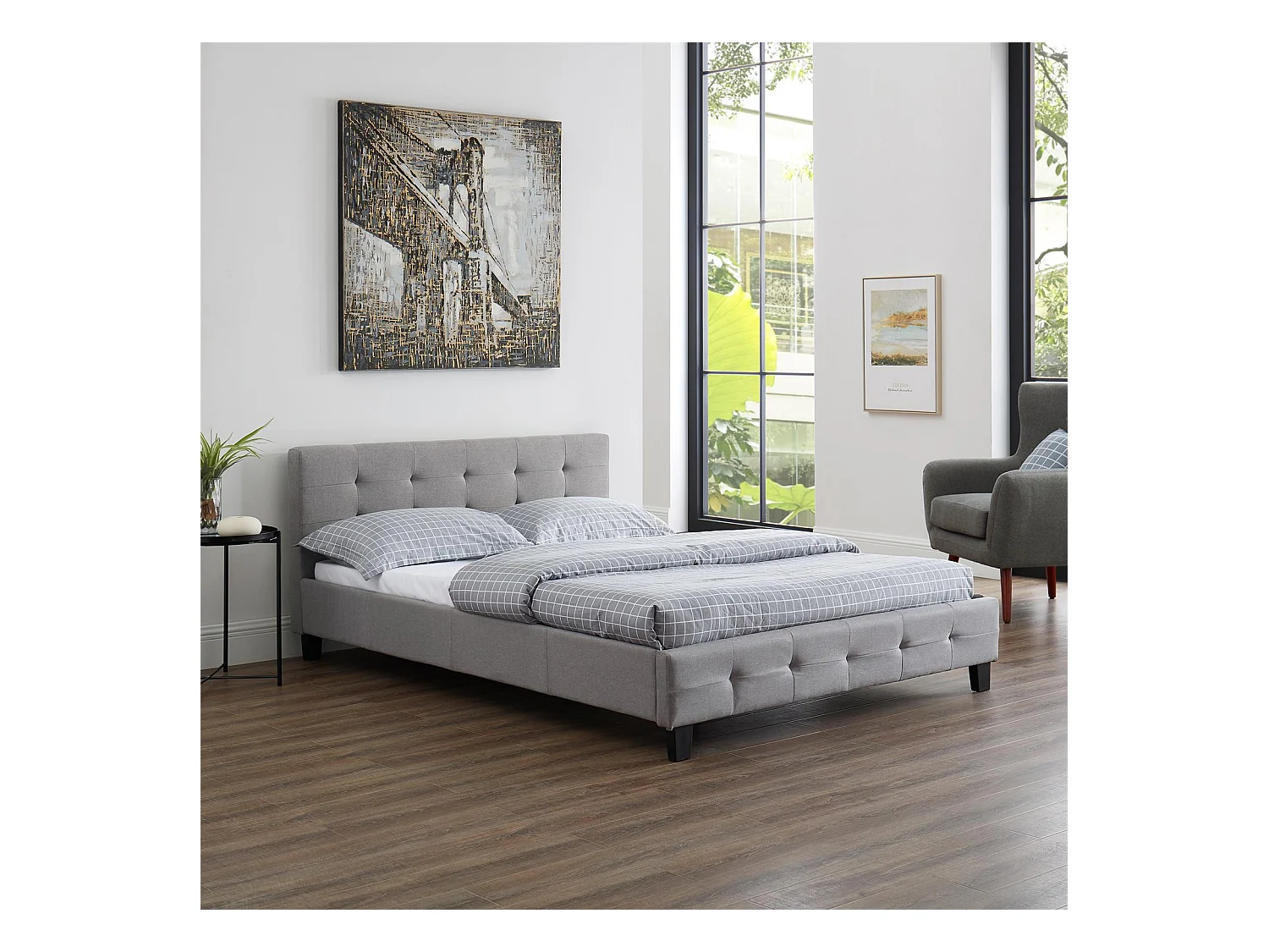 Lit double pour adulte MATHIEU avec sommier 140x190 cm 2 places / 2 personnes, tête et pied de lit capitonnés, en tissu gris