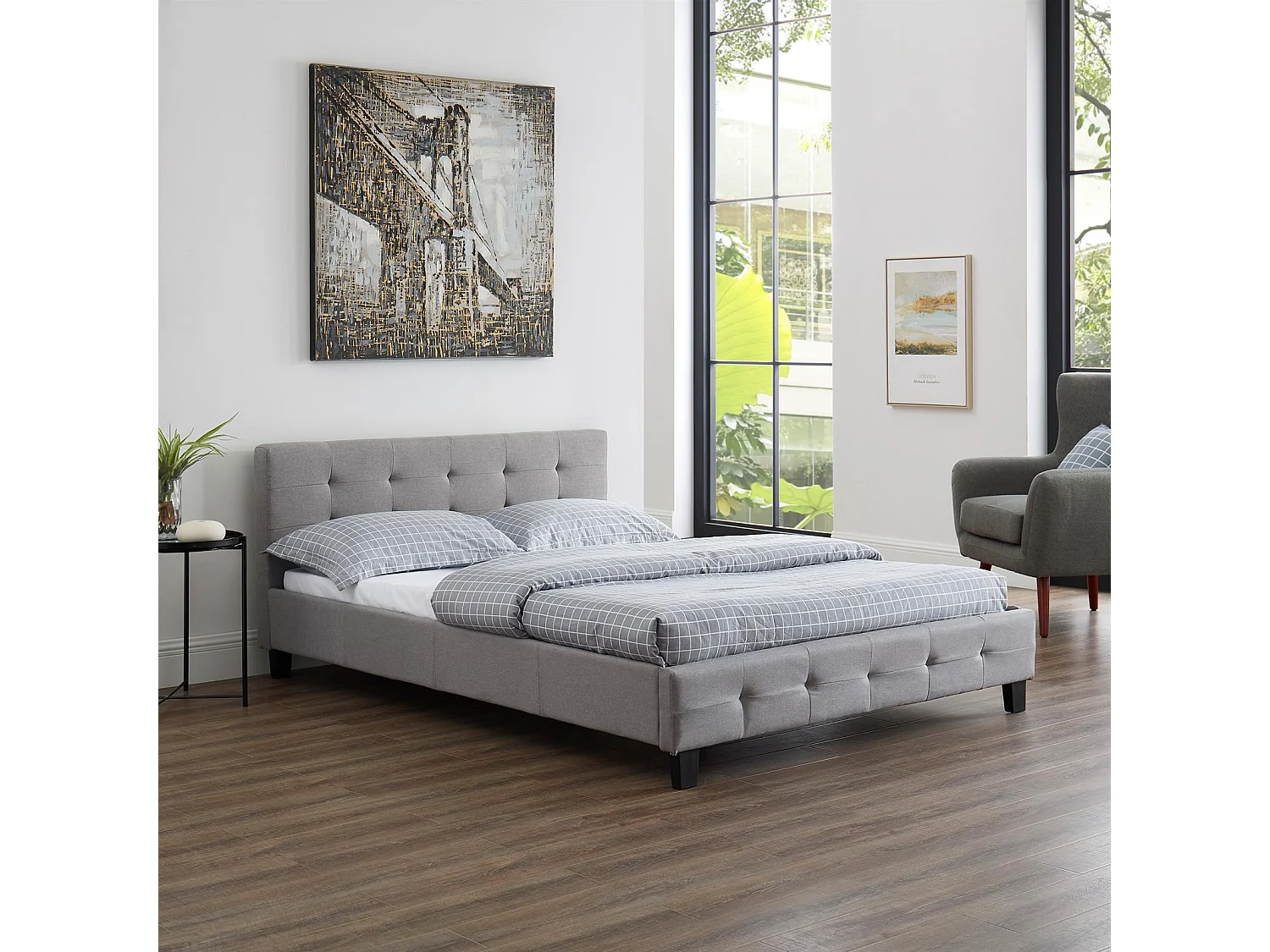 Lit double pour adulte MATHIEU avec sommier 140x190 cm 2 places / 2 personnes, tête et pied de lit capitonnés, en tissu gris