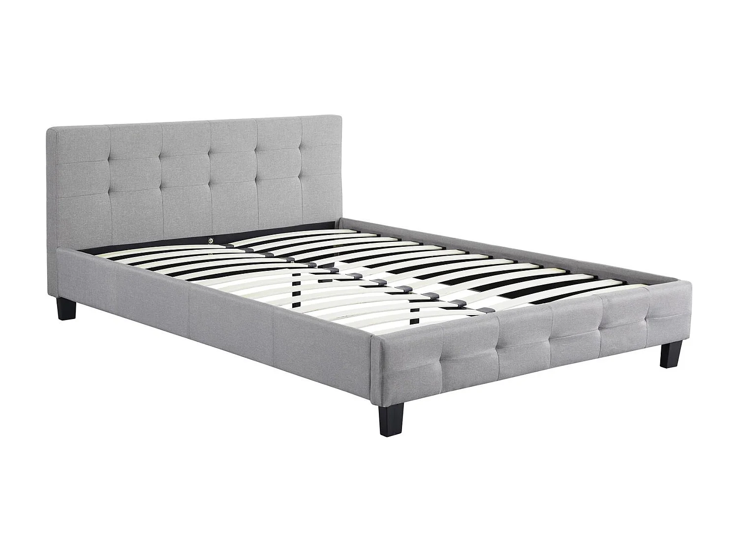 Lit double pour adulte MATHIEU avec sommier 140x190 cm 2 places / 2 personnes, tête et pied de lit capitonnés, en tissu gris