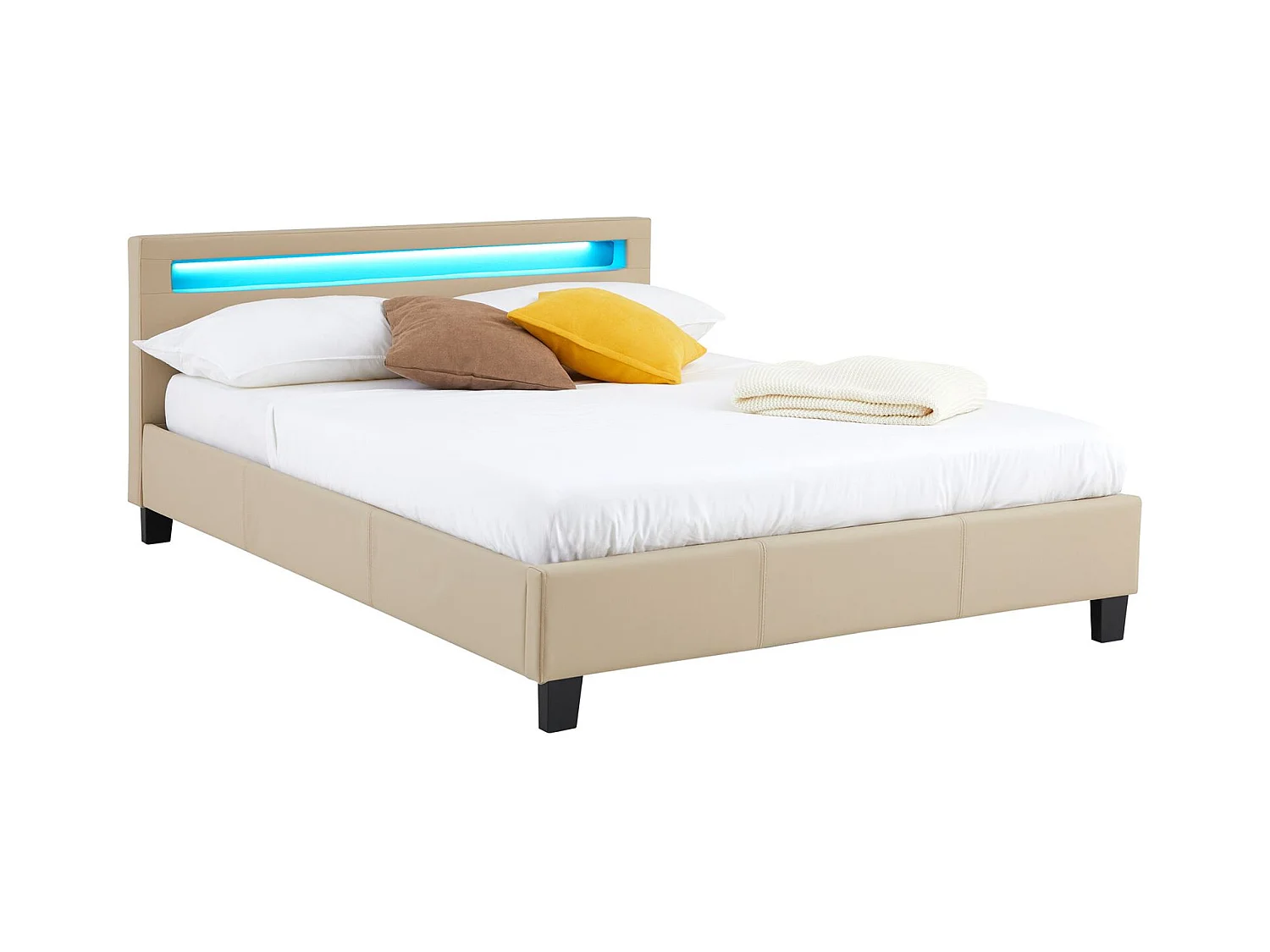 Lit LED double 140x190 cm avec sommier, tête de lit confortable, lit 1 place revêtement synthétique beige, PINOT