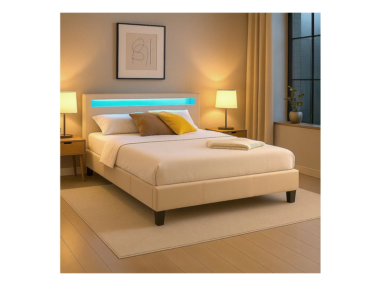 Lit LED double 140x190 cm avec sommier, tête de lit confortable, lit 1 place revêtement synthétique beige, PINOT