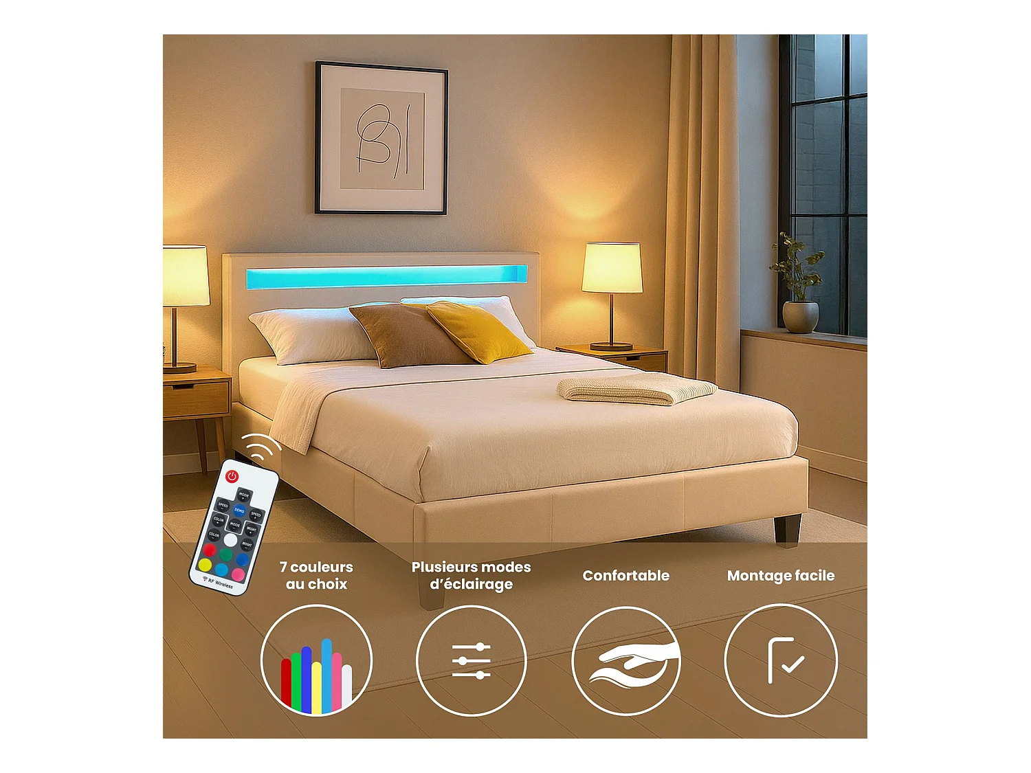 Lit LED double 140x190 cm avec sommier, tête de lit confortable, lit 1 place revêtement synthétique beige, PINOT