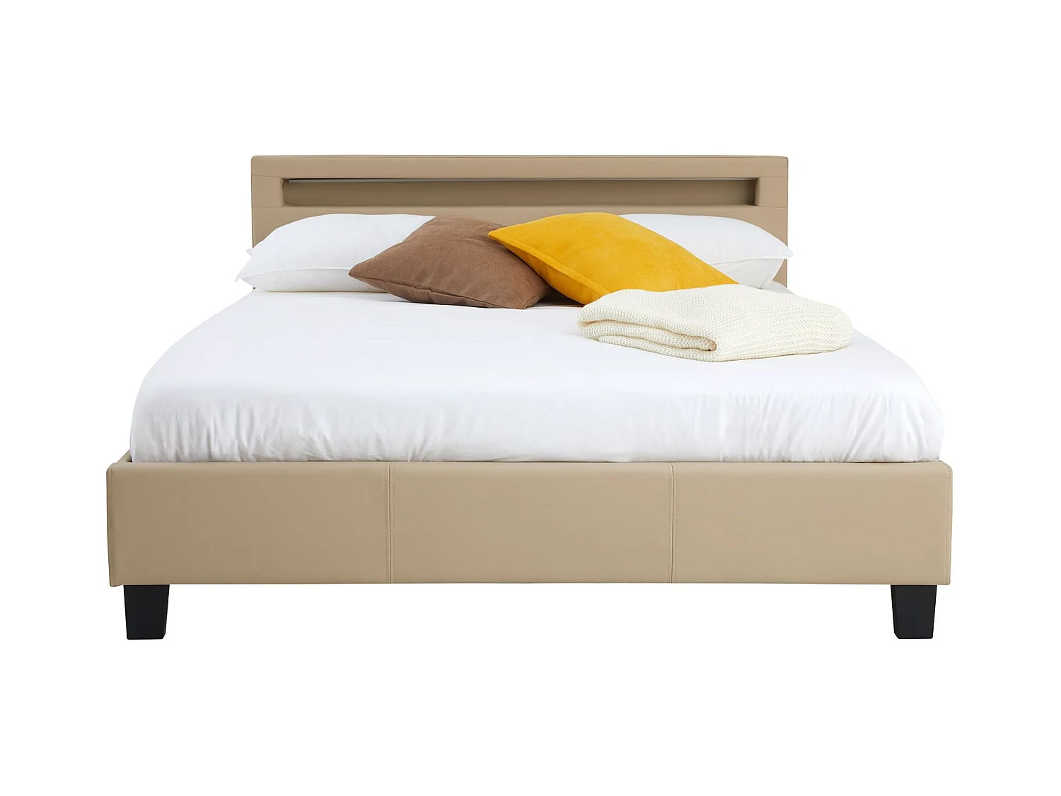 Lit LED double 140x190 cm avec sommier, tête de lit confortable, lit 1 place revêtement synthétique beige, PINOT