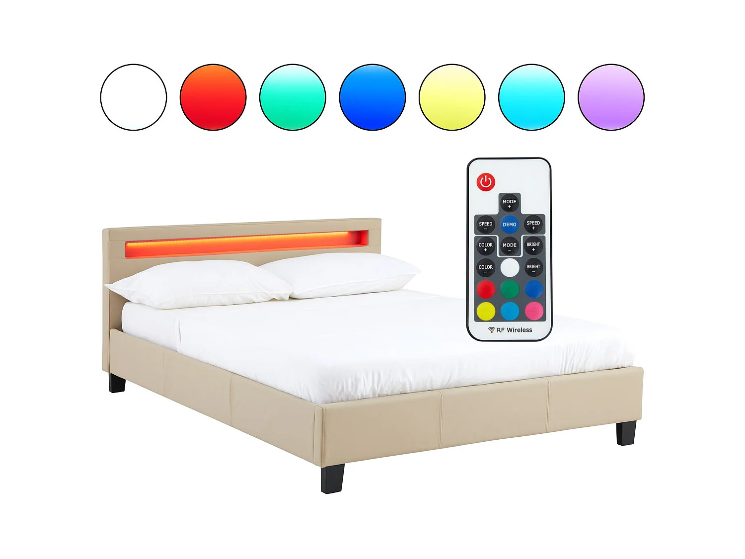 Lit LED double 140x190 cm avec sommier, tête de lit confortable, lit 1 place revêtement synthétique beige, PINOT