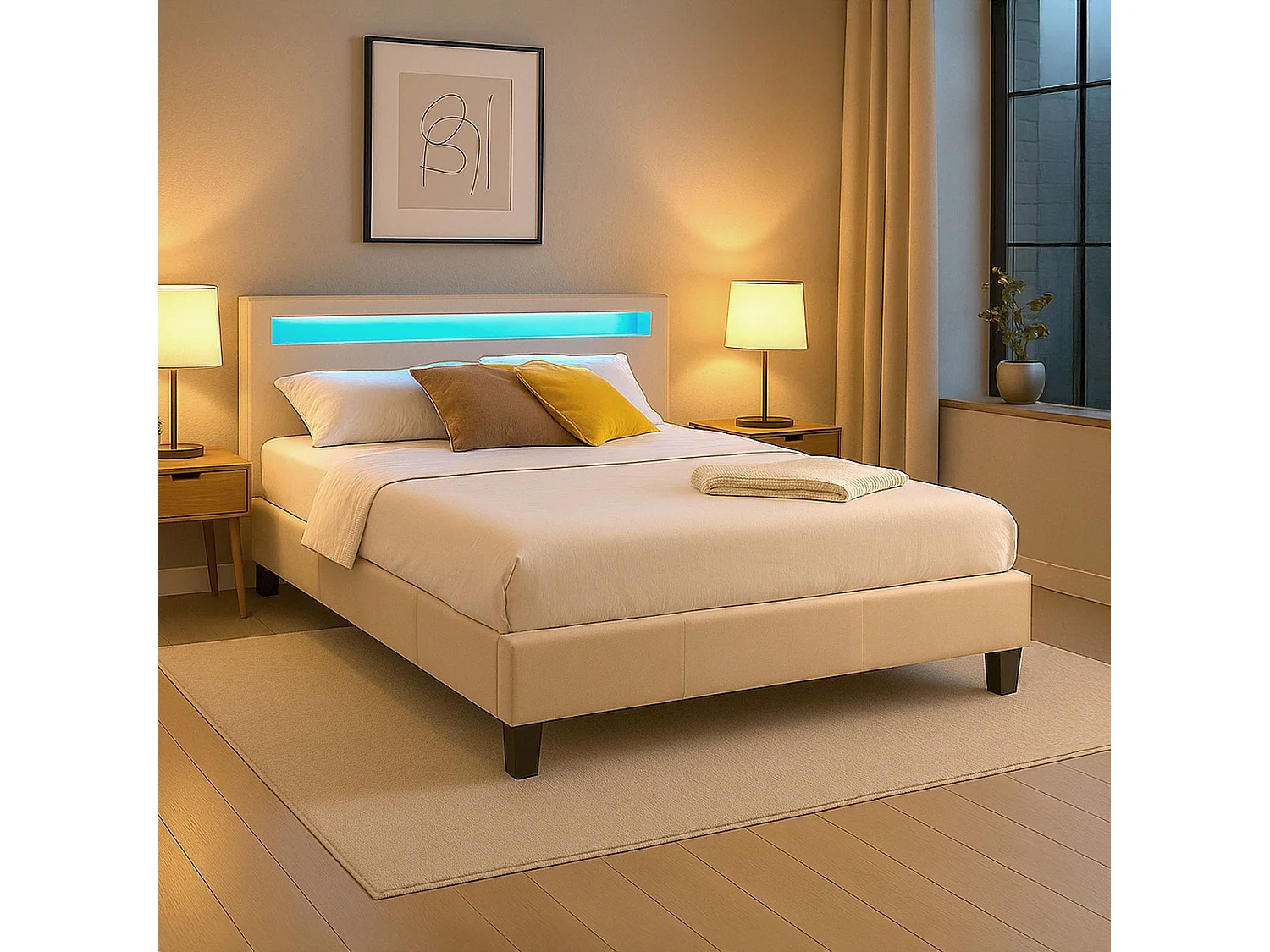 Lit LED double 140x190 cm avec sommier, tête de lit confortable, lit 1 place revêtement synthétique beige, PINOT