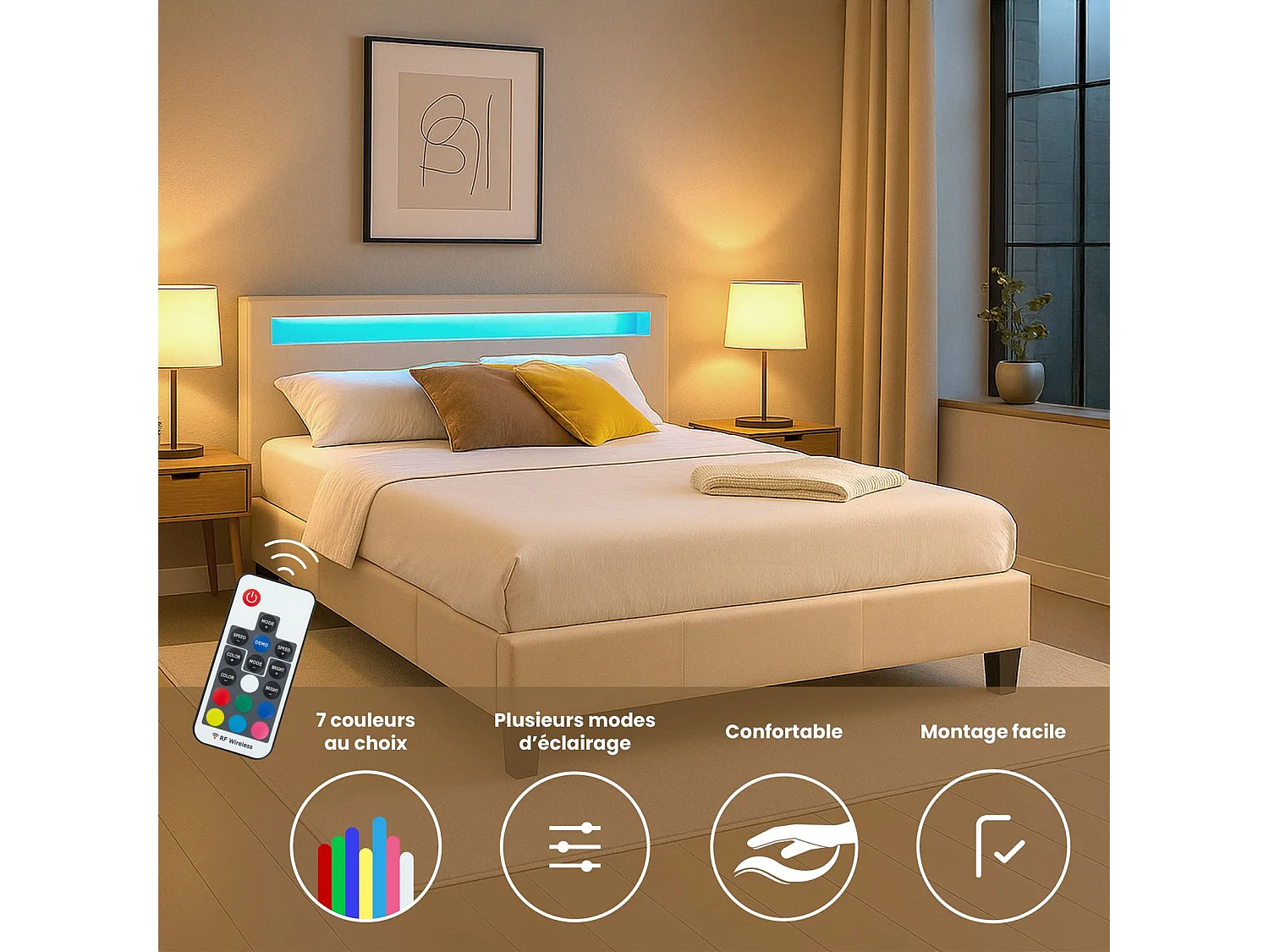 Lit LED double 140x190 cm avec sommier, tête de lit confortable, lit 1 place revêtement synthétique beige, PINOT