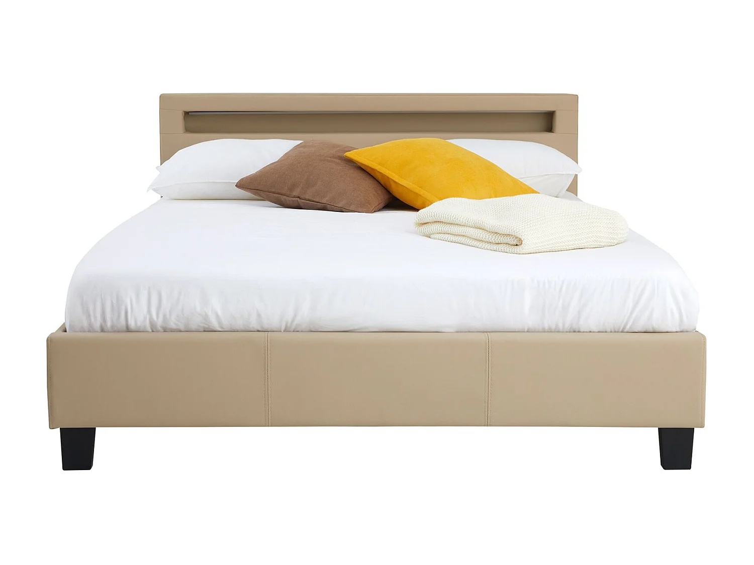 Lit LED double 140x190 cm avec sommier, tête de lit confortable, lit 1 place revêtement synthétique beige, PINOT