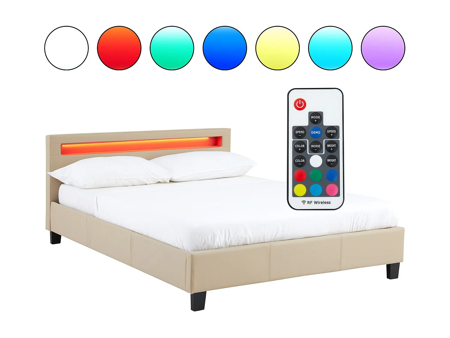 Lit LED double 140x190 cm avec sommier, tête de lit confortable, lit 1 place revêtement synthétique beige, PINOT