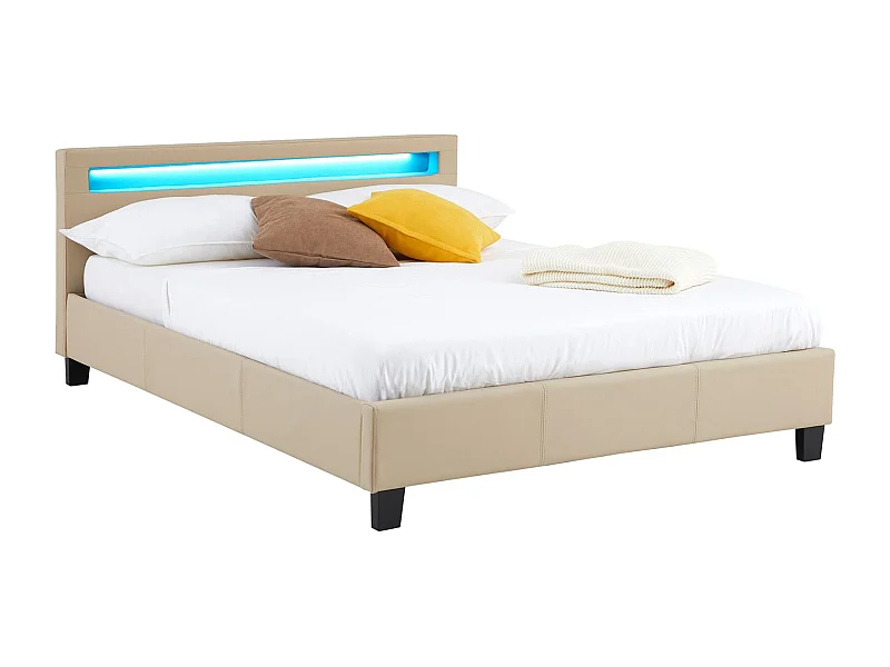 Lit LED double 140x190 cm avec sommier, tête de lit confortable, lit 1 place revêtement synthétique beige, PINOT