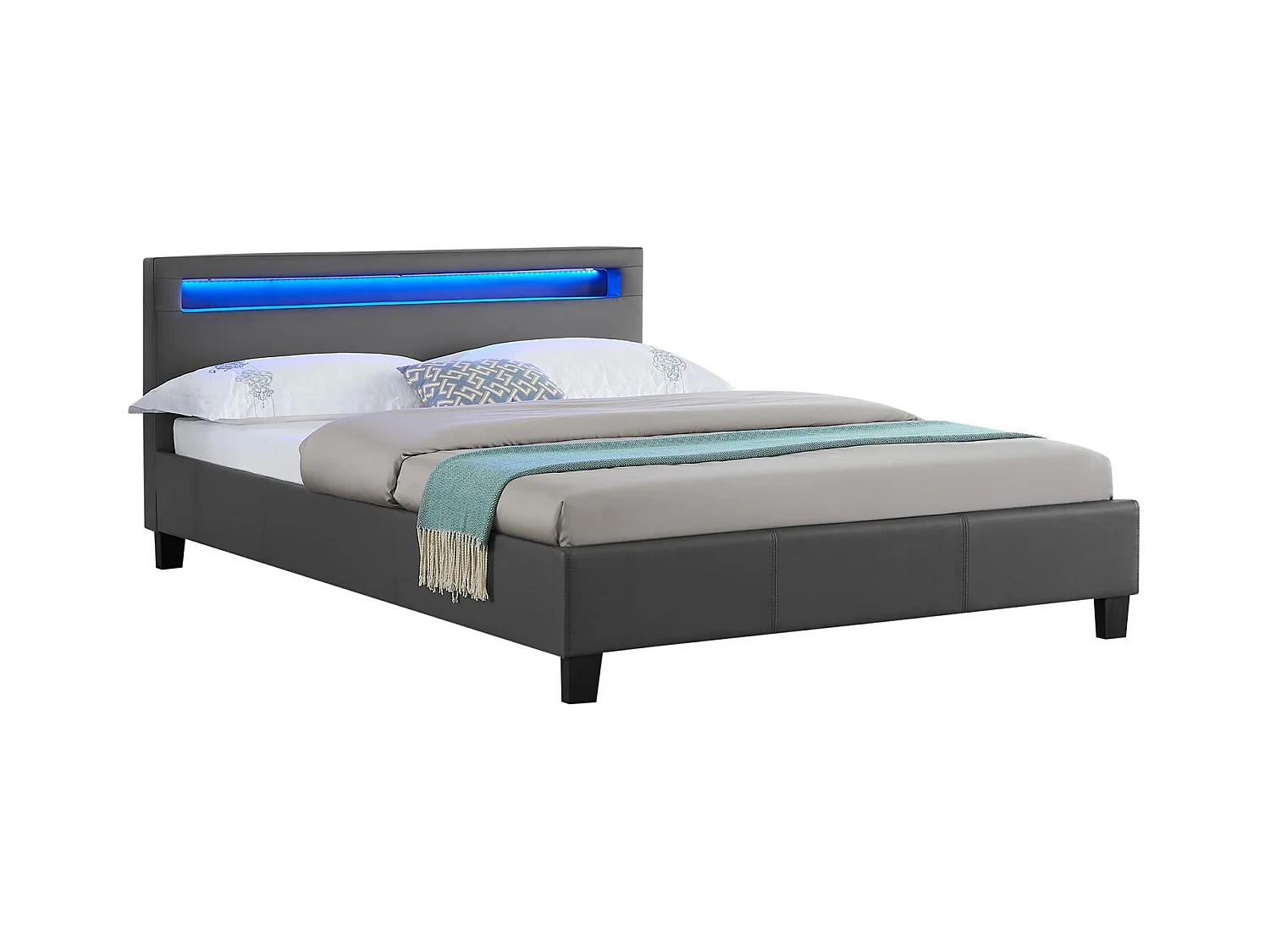 Lit LED double 140x190 cm avec sommier, tête de lit confortable, lit 1 place revêtement en tissu gris, RIOJA