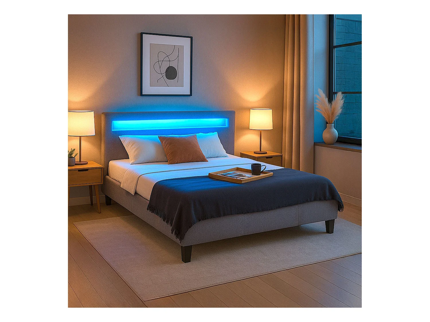 Lit LED double 140x190 cm avec sommier, tête de lit confortable, lit 1 place revêtement en tissu gris, RIOJA