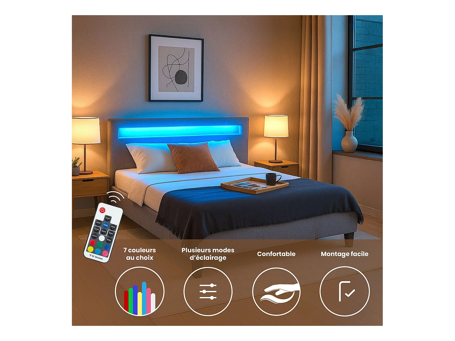 Lit LED double 140x190 cm avec sommier, tête de lit confortable, lit 1 place revêtement en tissu gris, RIOJA