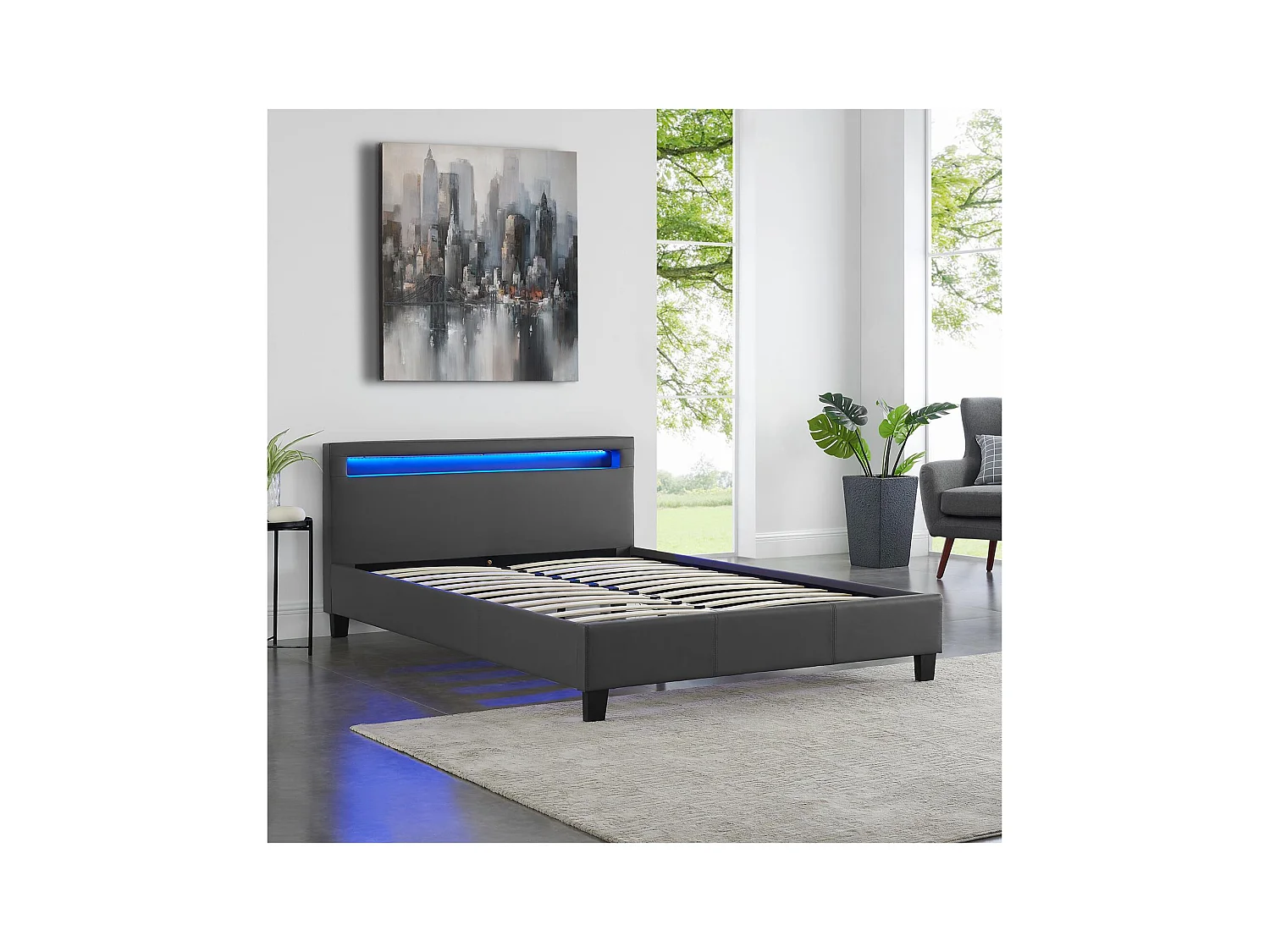 Lit LED double 140x190 cm avec sommier, tête de lit confortable, lit 1 place revêtement en tissu gris, RIOJA