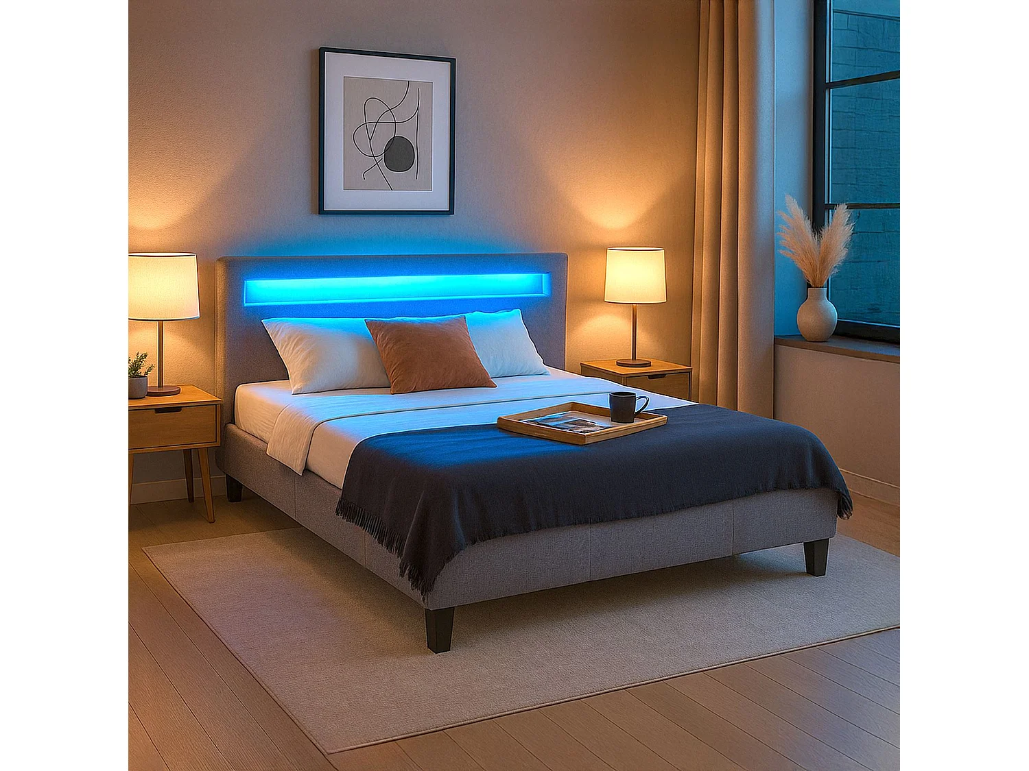 Lit LED double 140x190 cm avec sommier, tête de lit confortable, lit 1 place revêtement en tissu gris, RIOJA