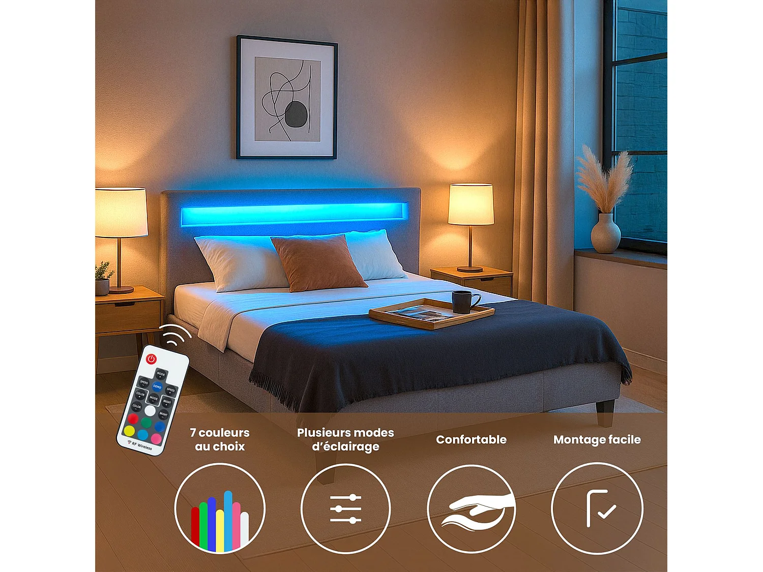 Lit LED double 140x190 cm avec sommier, tête de lit confortable, lit 1 place revêtement en tissu gris, RIOJA