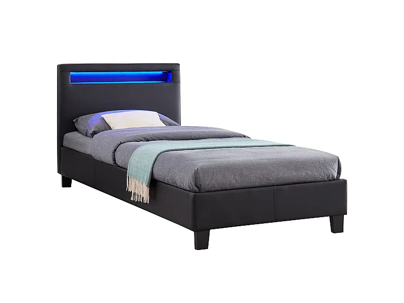 Lit LED simple 90x190 cm avec sommier, tête de lit confortable, lit 1 place revêtement synthétique noir, LUCENO