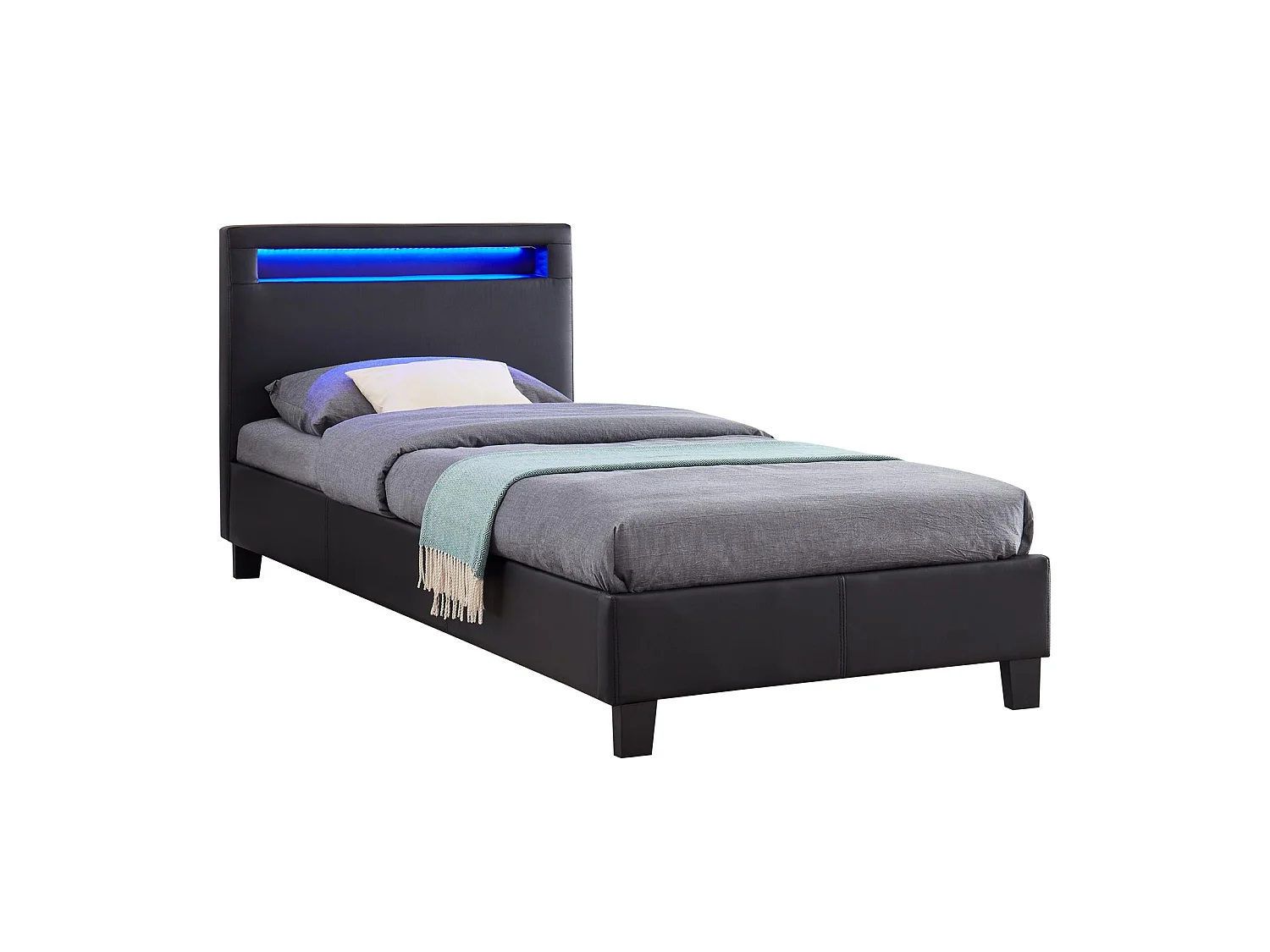 Lit LED simple 90x190 cm avec sommier, tête de lit confortable, lit 1 place revêtement synthétique noir, LUCENO