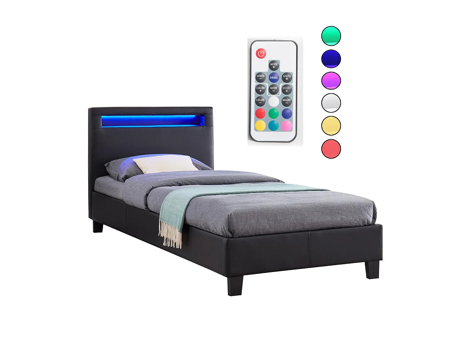 Lit LED simple 90x190 cm avec sommier, tête de lit confortable, lit 1 place revêtement synthétique noir, LUCENO