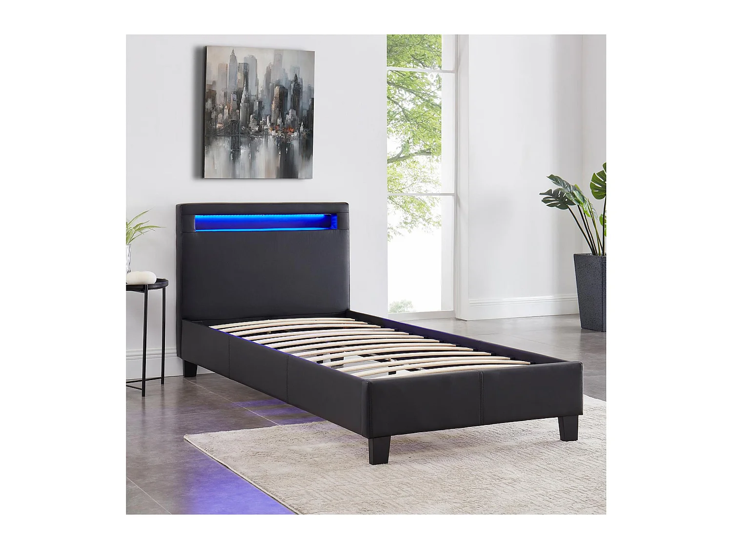 Lit LED simple 90x190 cm avec sommier, tête de lit confortable, lit 1 place revêtement synthétique noir, LUCENO