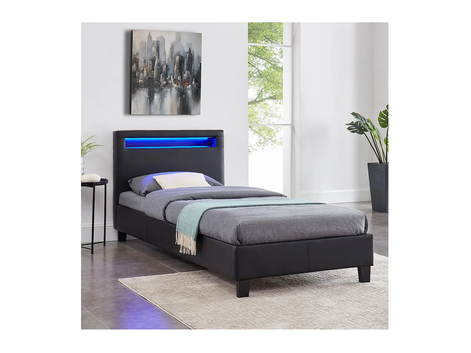 Lit LED simple 90x190 cm avec sommier, tête de lit confortable, lit 1 place revêtement synthétique noir, LUCENO