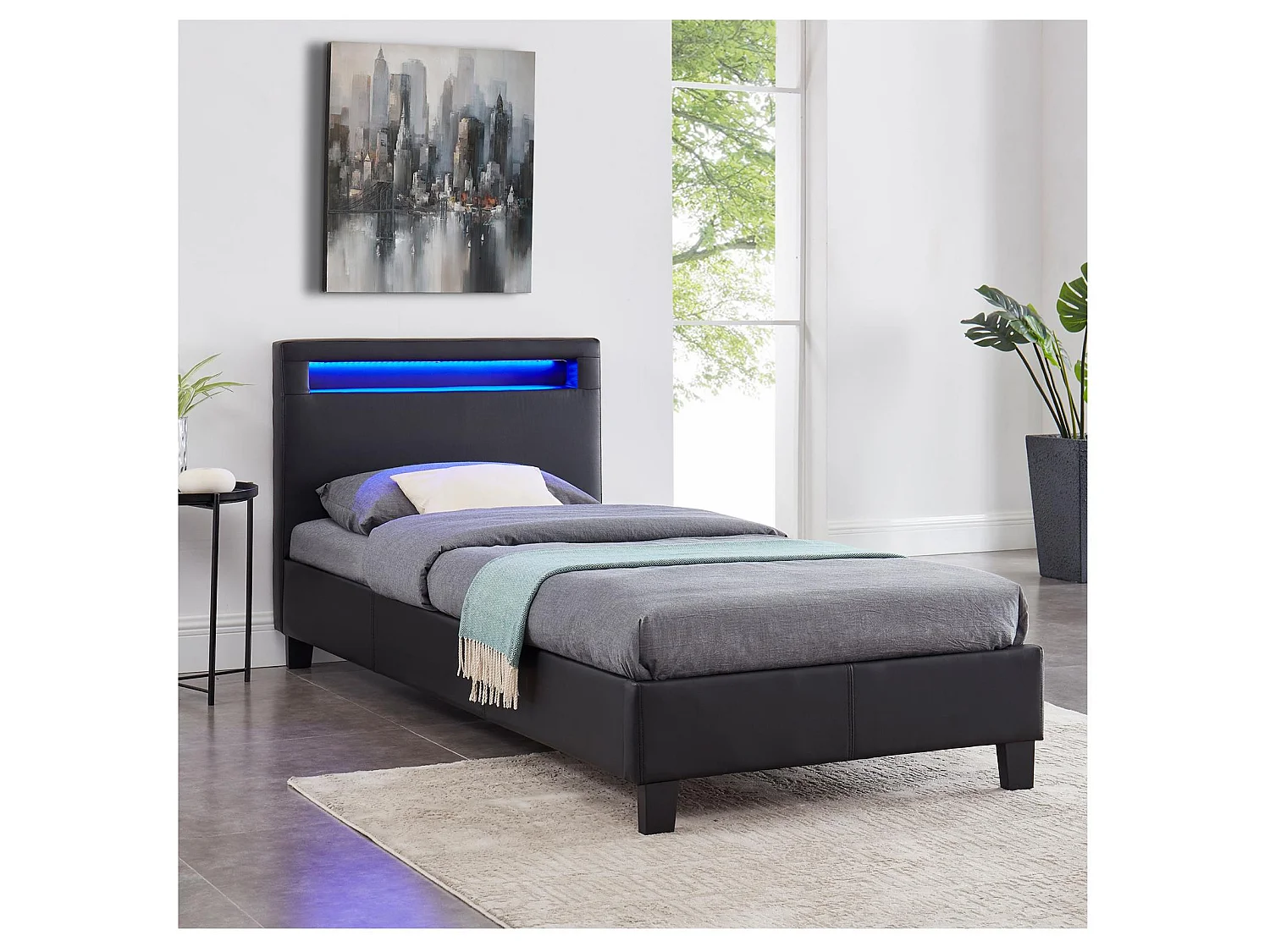 Lit LED simple 90x190 cm avec sommier, tête de lit confortable, lit 1 place revêtement synthétique noir, LUCENO