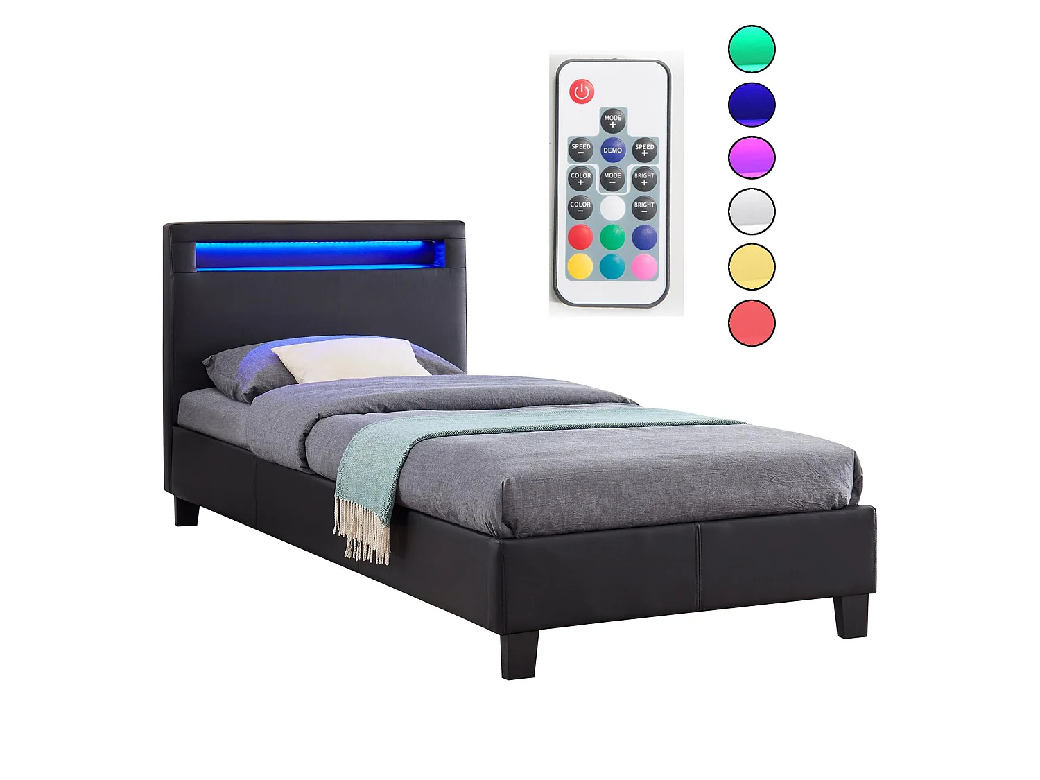 Lit LED simple 90x190 cm avec sommier, tête de lit confortable, lit 1 place revêtement synthétique noir, LUCENO